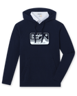 Men's Starsky Hoodie in Navy, flat lay front view featuring a navy pullover hoodie with a rectangular Straight Down "Crafted for Life" mountain graphic in white on the chest