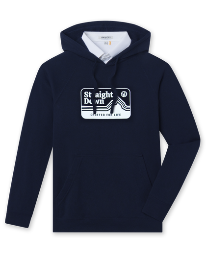 Men's Starsky Hoodie in Navy, flat lay front view featuring a navy pullover hoodie with a rectangular Straight Down "Crafted for Life" mountain graphic in white on the chest