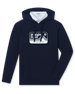 Men's Starsky Hoodie in Navy, flat lay front view featuring a navy pullover hoodie with a rectangular Straight Down "Crafted for Life" mountain graphic in white on the chest