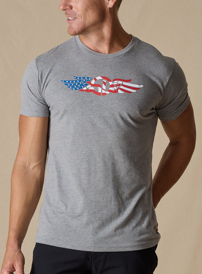 Men's USA Wings Tee in Heather, on model front view featuring a heather gray crewneck with an American flag Straight Down logo graphic on the chest styled with black pants