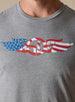 Men's USA Wings Tee in Heather, on model close-up view of the chest featuring an American flag Straight Down logo graphic in red, white, and blue