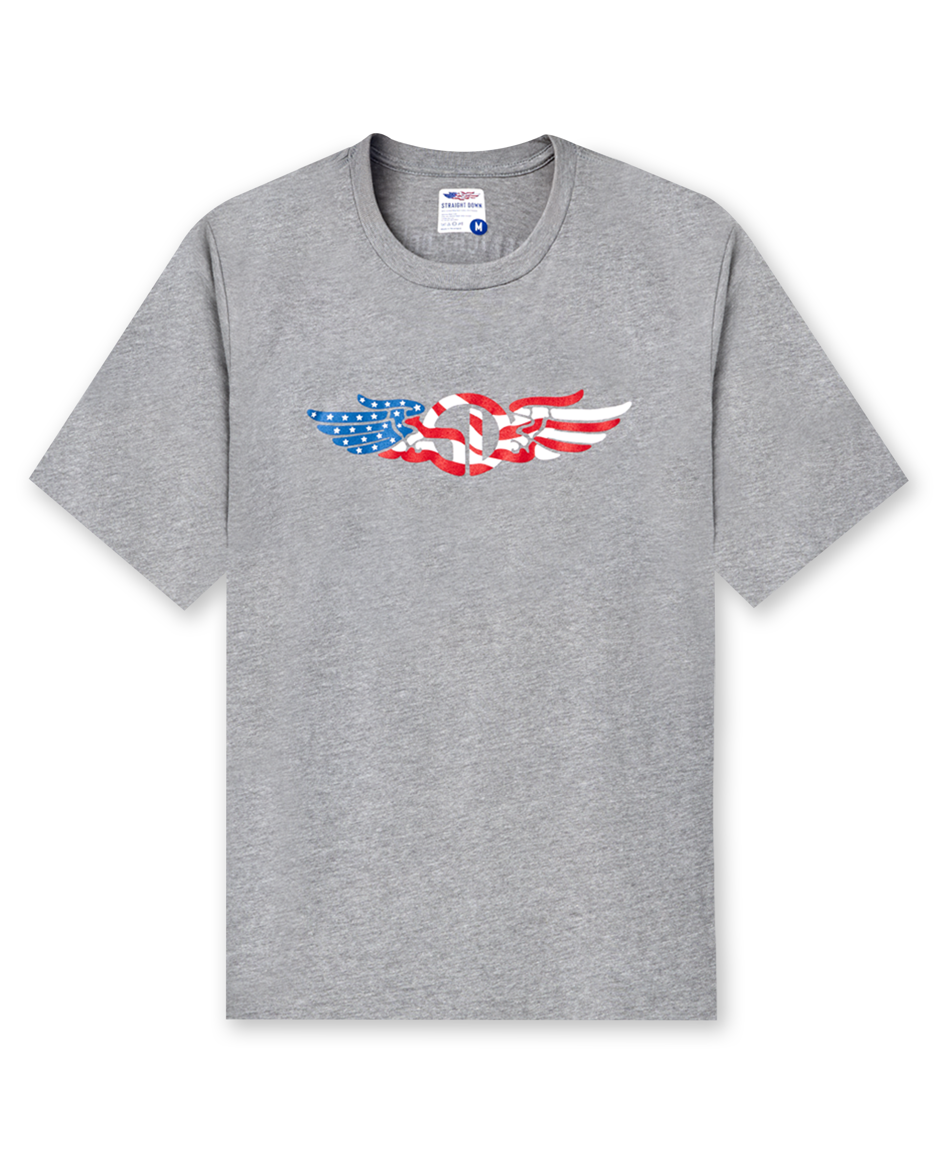 Men's USA Wings Tee in Heather, flat lay front view featuring a heather gray crewneck with an American flag Straight Down logo graphic on the chest