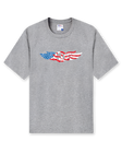 Men's USA Wings Tee in Heather, flat lay front view featuring a heather gray crewneck with an American flag Straight Down logo graphic on the chest