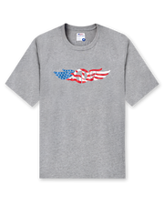 Men's USA Wings Tee in Heather, flat lay front view featuring a heather gray crewneck with an American flag Straight Down logo graphic on the chest