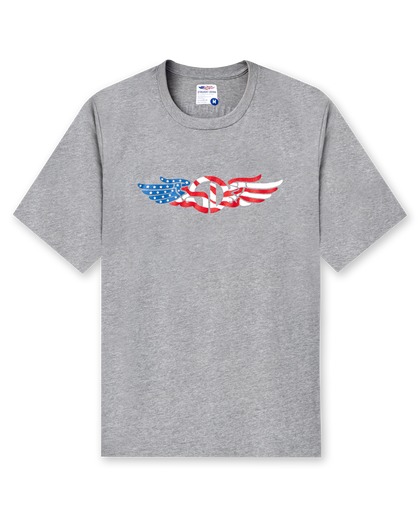 Men's USA Wings Tee in Heather, flat lay front view featuring a heather gray crewneck with an American flag Straight Down logo graphic on the chest