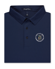 Men’s Sullivan Polo in new indigo with 126th U.S. Open Shinnecock Hills logo, folded front view