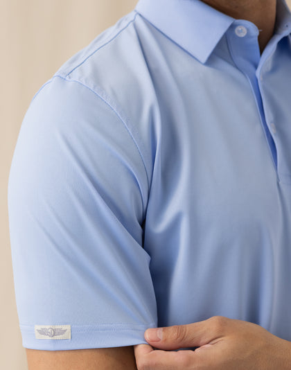 Men’s Sullivan Polo in Carolina blue, sleeve and sleeve logo detail