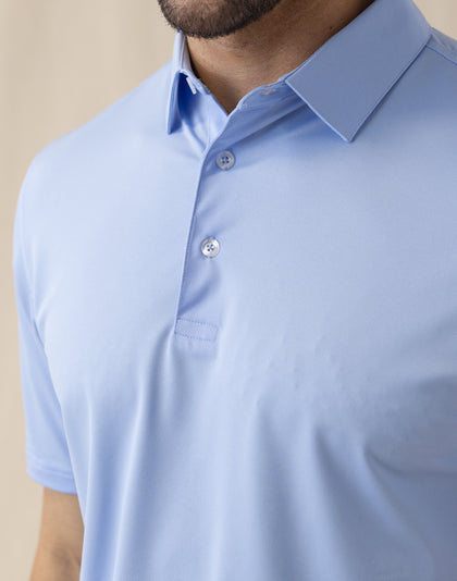 Men’s Sullivan Polo in Carolina blue, collar and placket detail view