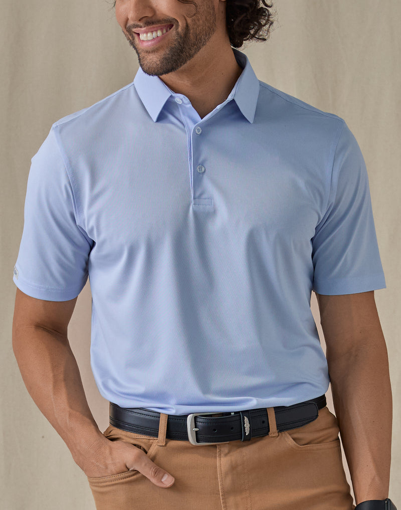 Men’s Sullivan Polo in Powder Blue, front view worn with khaki pants