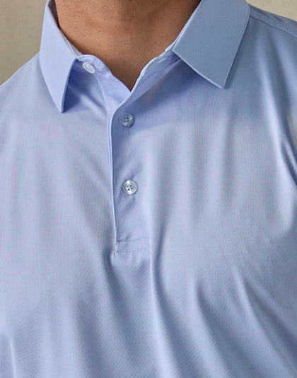 Men’s Sullivan Polo in Powder Blue, close-up detail view of collar and button placket