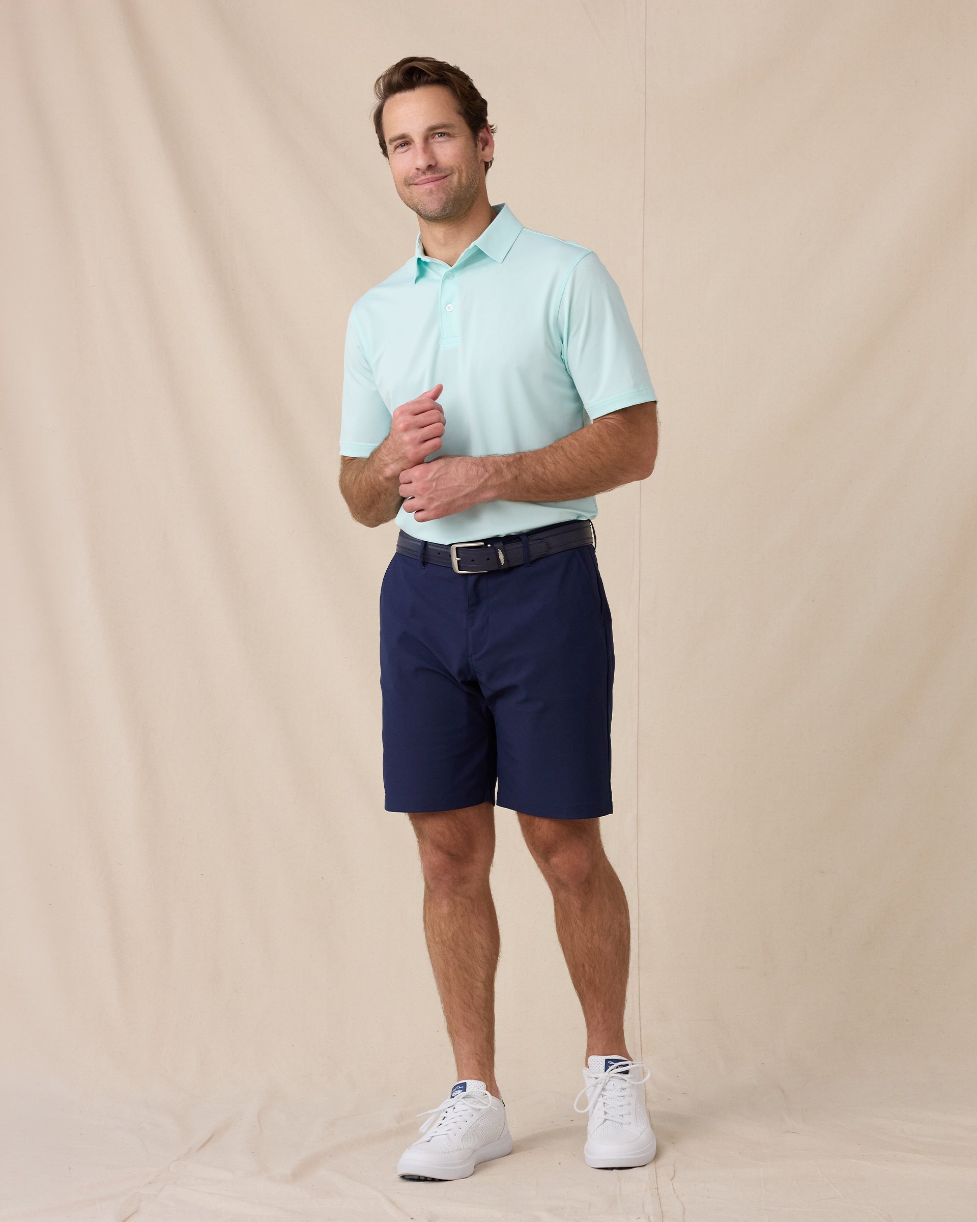 Sullivan Polo in Mint Tea with navy golf shorts, full outfit model view