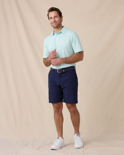 Sullivan Polo in Mint Tea with navy golf shorts, full outfit model view
