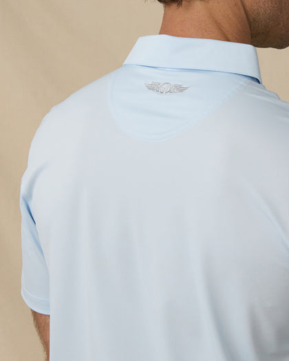 Sullivan Polo in Nantucket blue with embroidered back neck logo detail close-up