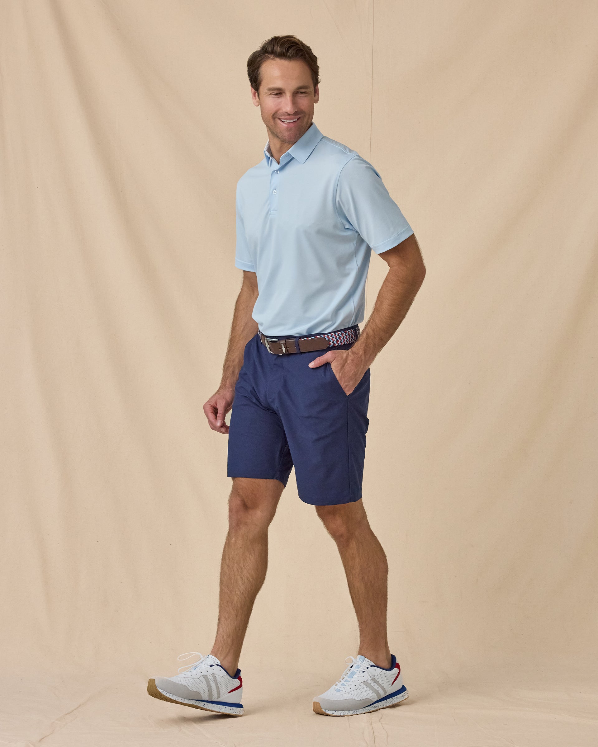 Sullivan Polo in Nantucket blue, full outfit styled with navy shorts and woven belt