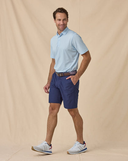 Sullivan Polo in Nantucket blue, full outfit styled with navy shorts and woven belt