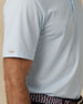 Sullivan Polo in Nantucket blue with sleeve logo tab detail close-up