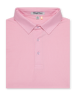 Folded men’s pink performance polo with classic collar and button placket