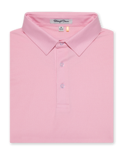 Folded men’s pink performance polo with classic collar and button placket