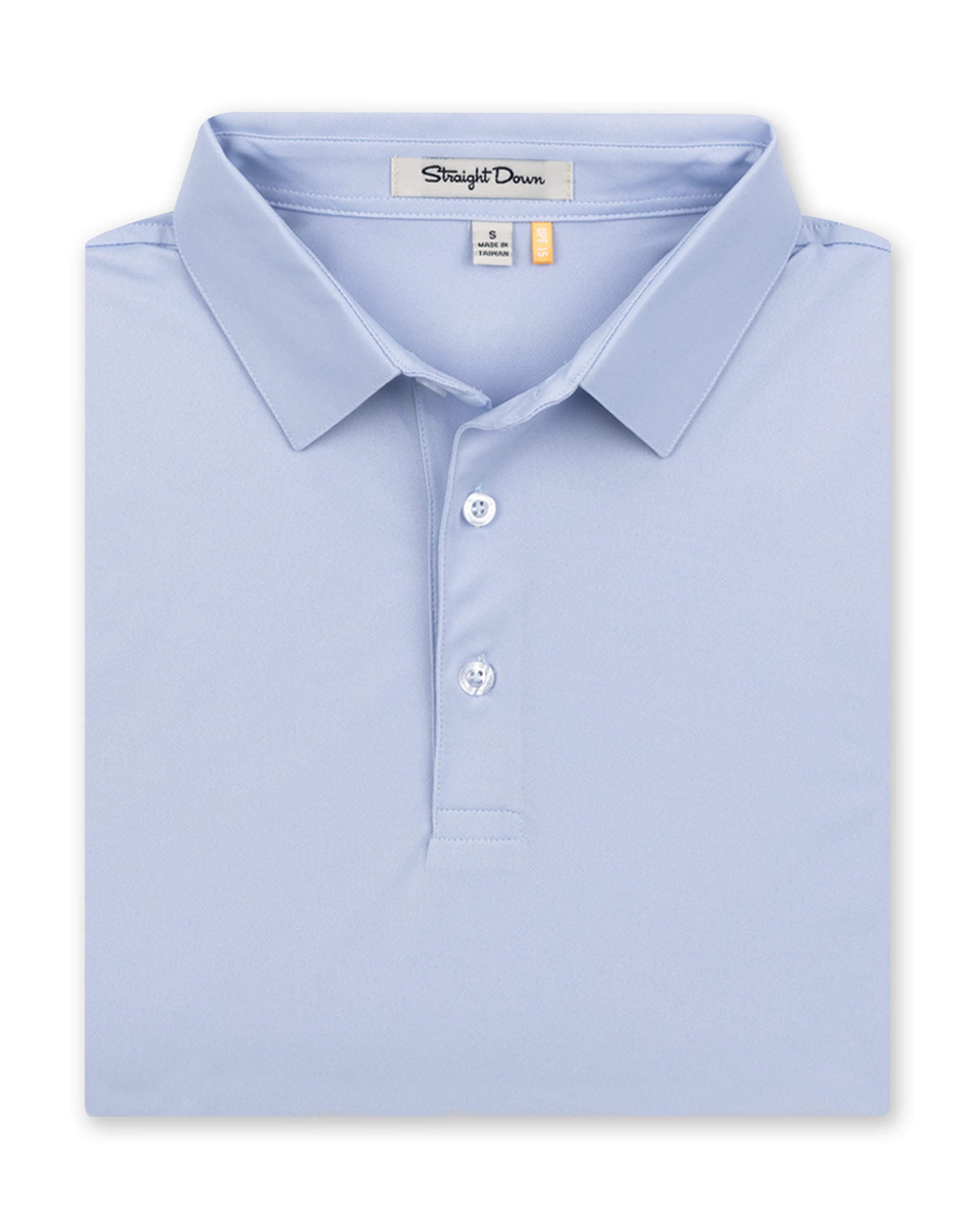Folded men’s light blue performance polo with classic collar and button placket