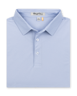Folded men’s light blue performance polo with classic collar and button placket