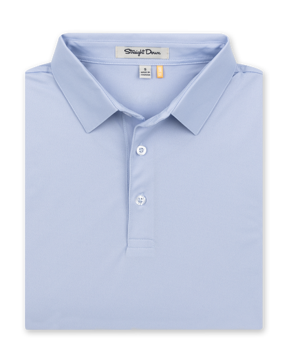 Folded men’s light blue performance polo with classic collar and button placket