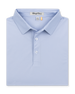 Folded men’s light blue performance polo with classic collar and button placket