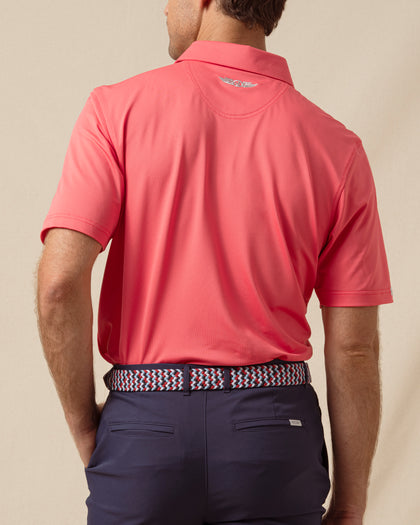 Sullivan Polo in Shine, back view with embroidered logo detail