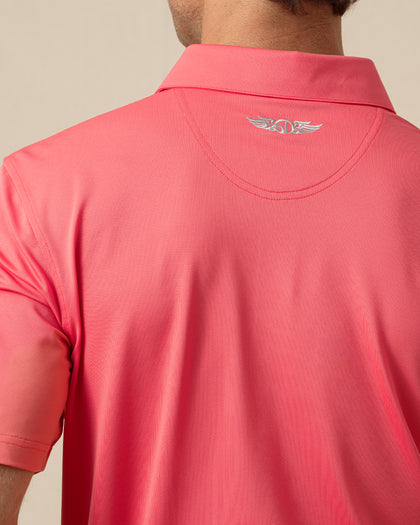 Sullivan Polo in Shine with embroidered back neck logo, close-up view