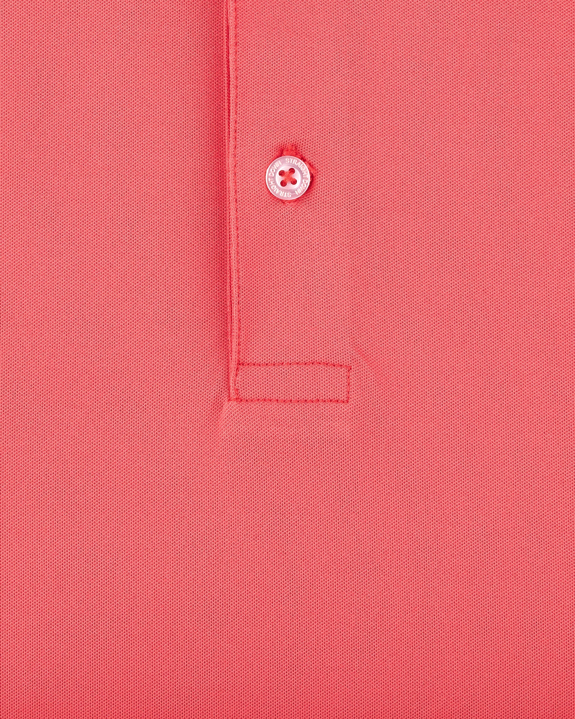Sullivan Polo in Shine with textured bright coral fabric, close-up detail view