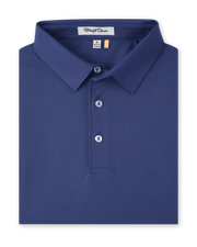 Folded men’s blue performance polo with classic collar and button placket