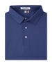 Folded men’s blue performance polo with classic collar and button placket