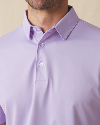 Close-up of the Sullivan Polo collar and placket in violet
