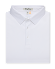 Folded men’s white performance polo with classic collar and button placket