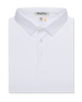 Folded men’s white performance polo with classic collar and button placket