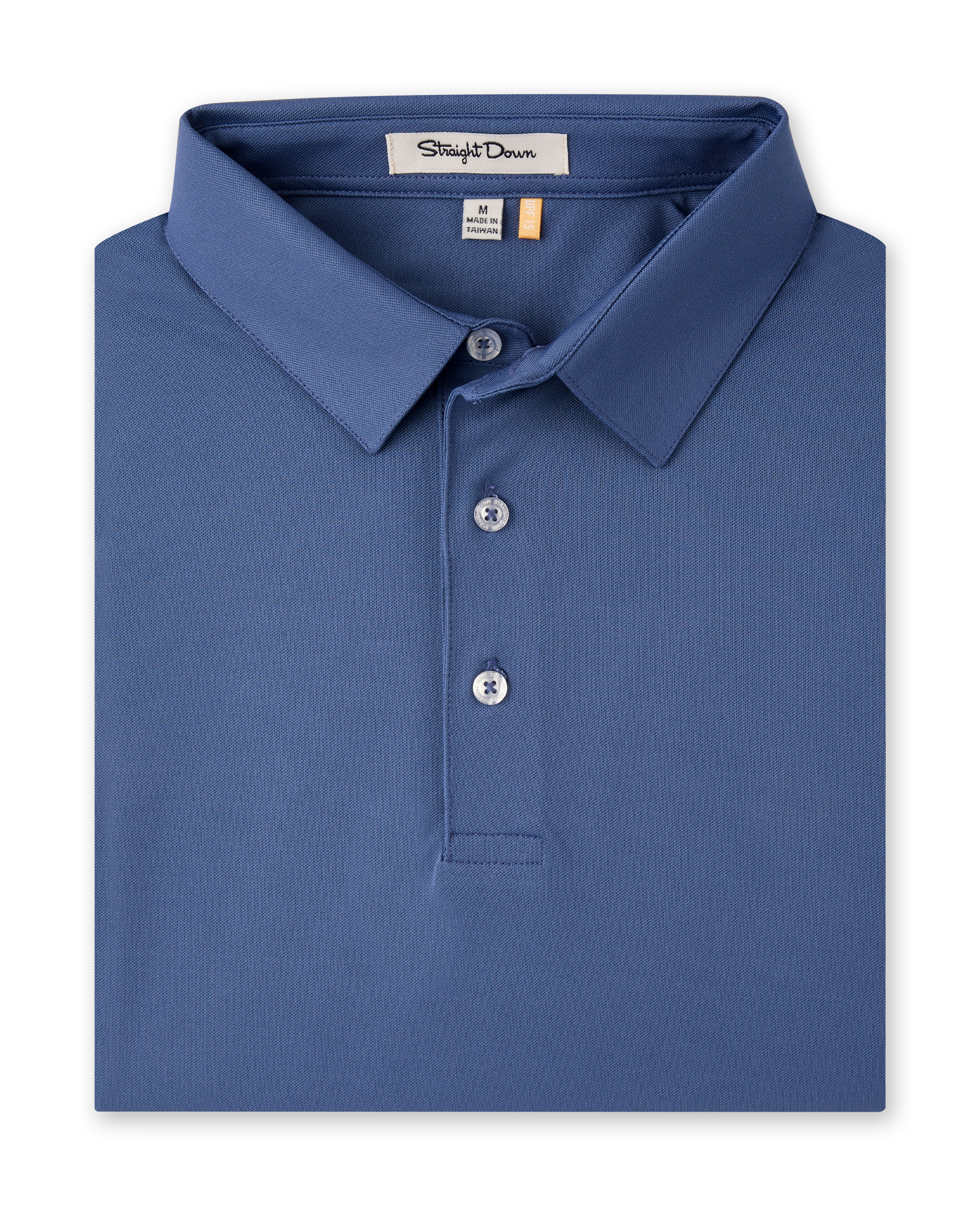 A folded blue polo shirt with a classic collar and three-button placket. The brand label 'Slightly Down' is visible inside the collar.