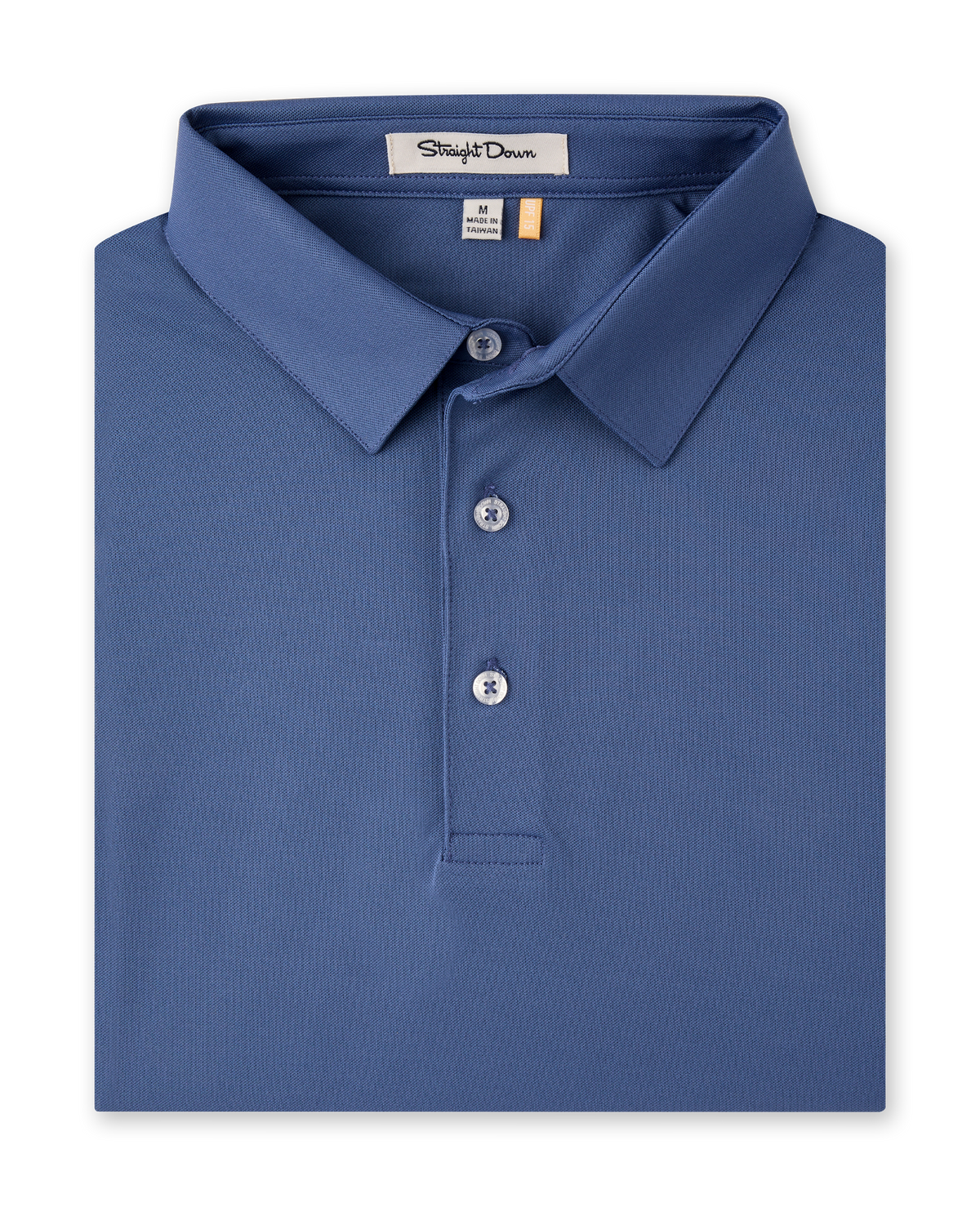 A folded blue polo shirt with a classic collar and three-button placket. The brand label 'Slightly Down' is visible inside the collar.
