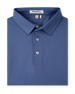 A folded blue polo shirt with a classic collar and three-button placket. The brand label 'Slightly Down' is visible inside the collar.