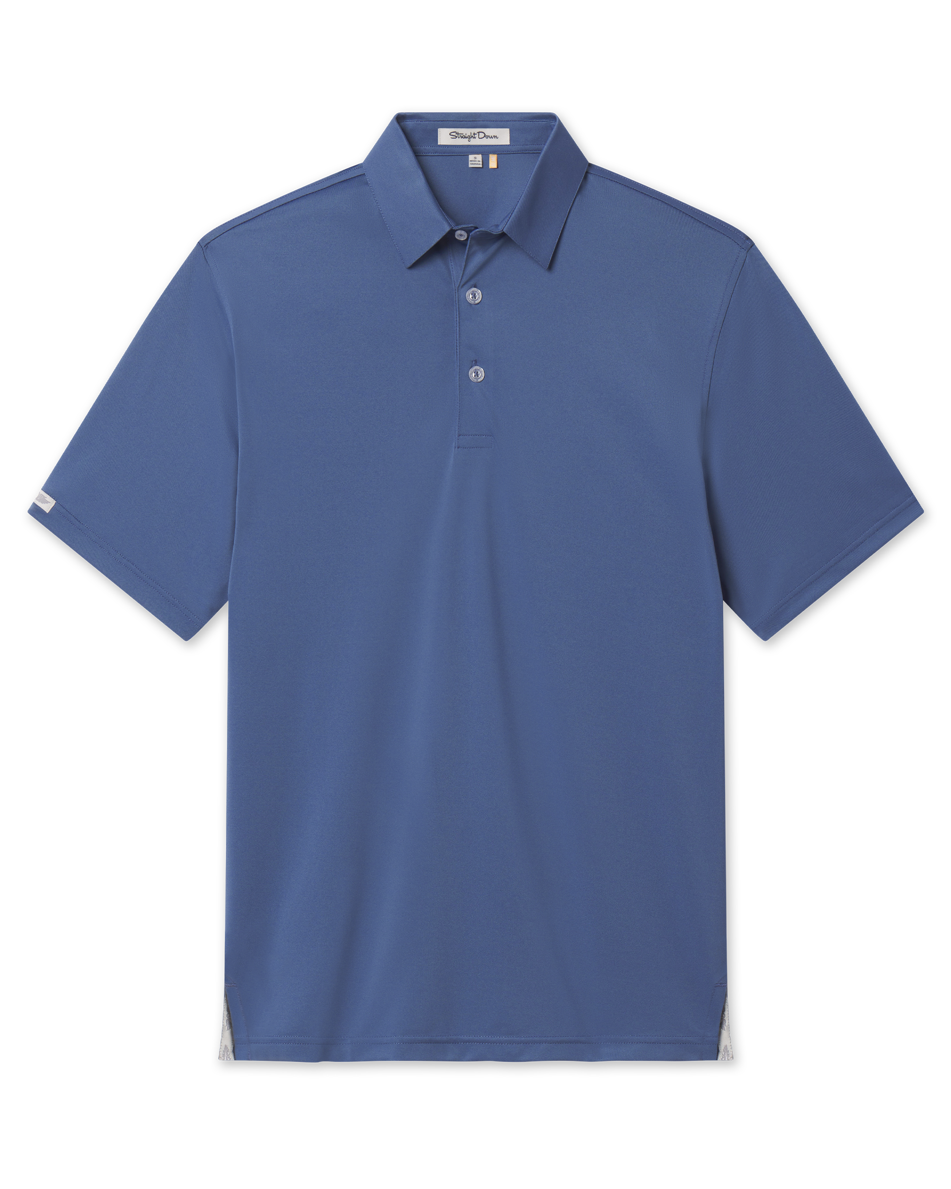 A blue short-sleeve polo shirt with a three-button placket, laid flat.