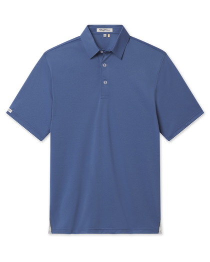 A blue short-sleeve polo shirt with a three-button placket, laid flat.