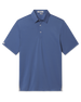 A blue short-sleeve polo shirt with a three-button placket, laid flat.