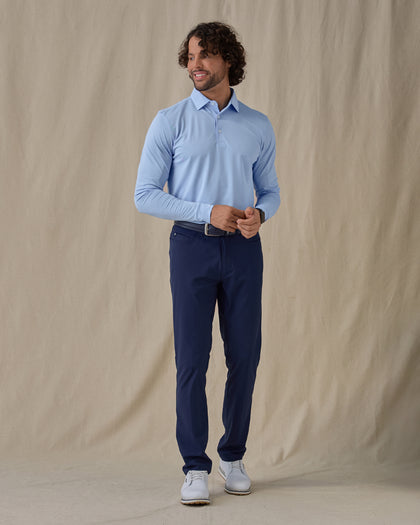 Stearns Long Sleeve Polo in Carolina blue, full outfit styled with navy pants