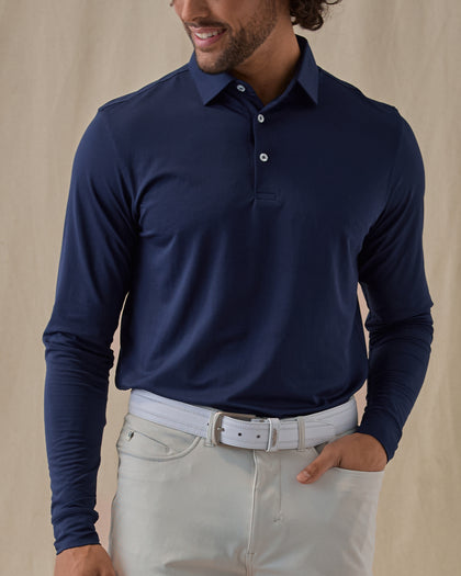 Stearns Long Sleeve Polo in new indigo dark blue, front model view