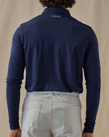 Stearns Long Sleeve Polo in new indigo dark blue, back model view