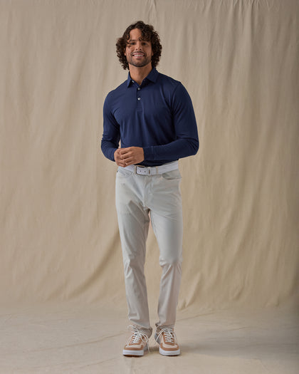 Stearns Long Sleeve Polo in new indigo dark blue, full outfit styled with light pants