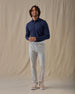 Stearns Long Sleeve Polo in new indigo dark blue, full outfit styled with light pants
