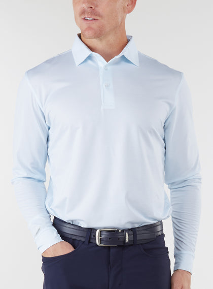 Stearns Long Sleeve Polo in Sky White, front model view