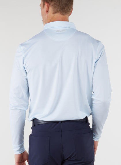 Stearns Long Sleeve Polo in Sky White, back model view