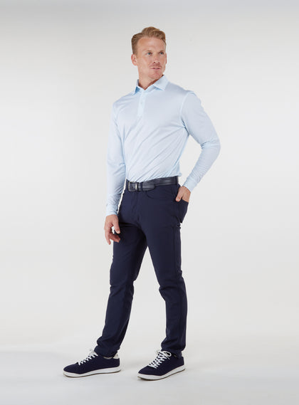 Stearns Long Sleeve Polo in Sky White, full outfit styled with dark pants