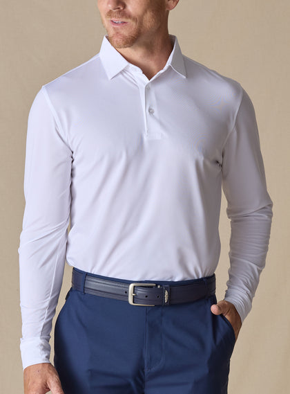 Stearns Long Sleeve Polo in White, front model view