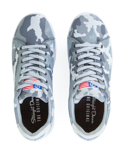 Men's Field V2 Shoe in Camo Carbon, top-down view of both shoes featuring the gray camo knit upper, gray laces, American flag tongue tab, and branded Straight Down insole